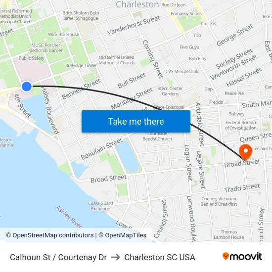 Calhoun St / Courtenay Dr to Charleston SC USA map