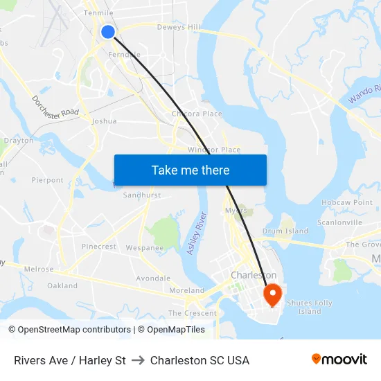 Rivers Ave / Harley St to Charleston SC USA map