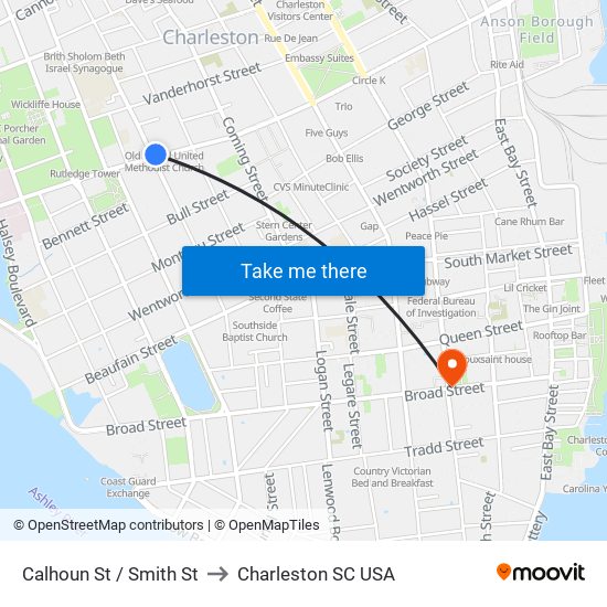 Calhoun St / Smith St to Charleston SC USA map