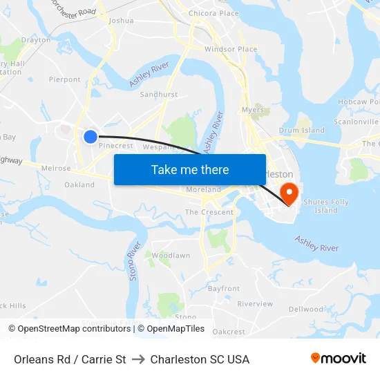 Orleans Rd / Carrie St to Charleston SC USA map