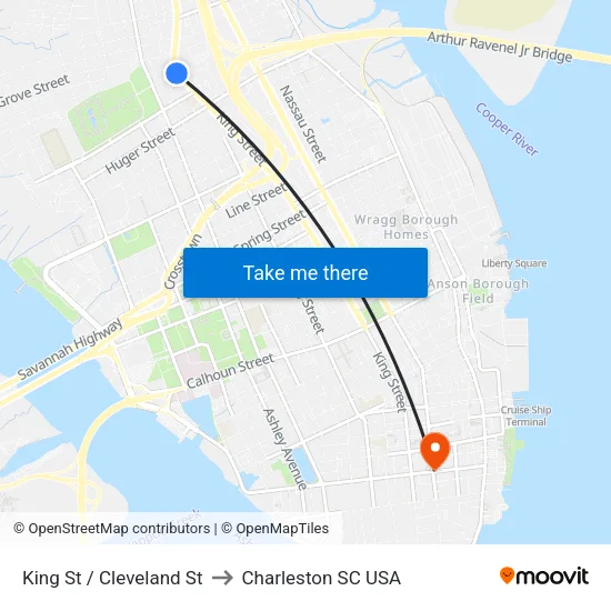 King St / Cleveland St to Charleston SC USA map