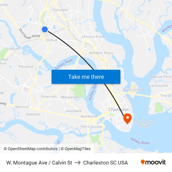 W. Montague Ave / Calvin St to Charleston SC USA map
