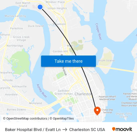 Baker Hospital Blvd / Evatt Ln to Charleston SC USA map