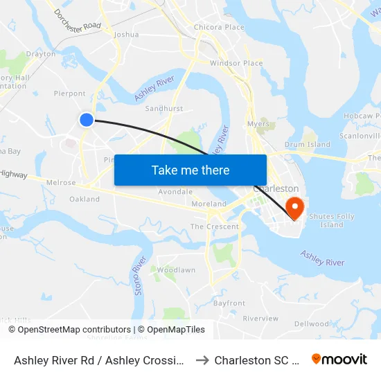 Ashley River Rd / Ashley Crossing Ln to Charleston SC USA map