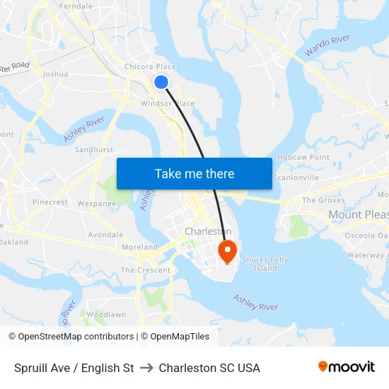 Spruill Ave / English St to Charleston SC USA map