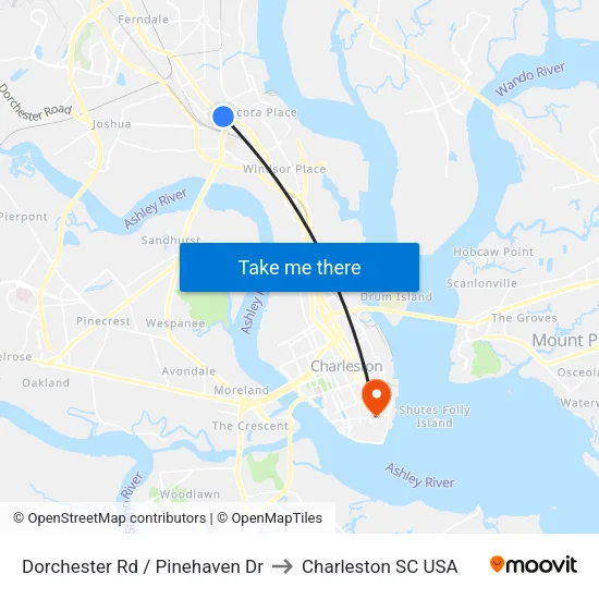 Dorchester Rd / Pinehaven Dr to Charleston SC USA map