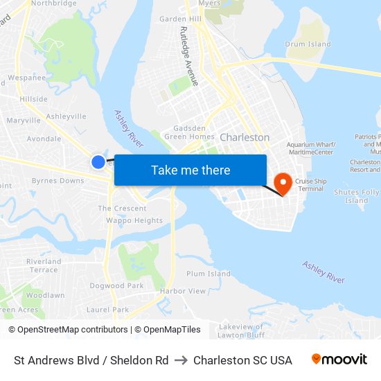 St Andrews Blvd / Sheldon Rd to Charleston SC USA map