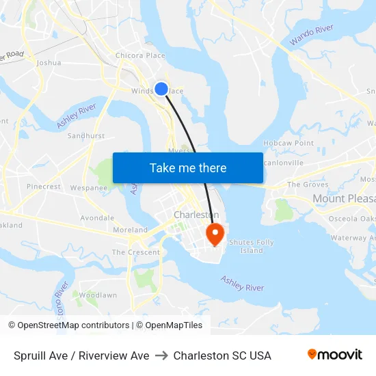 Spruill Ave / Riverview Ave to Charleston SC USA map