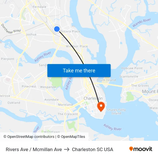 Rivers Ave / Mcmillan Ave to Charleston SC USA map