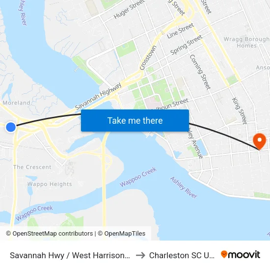 Savannah Hwy / West Harrison Rd to Charleston SC USA map