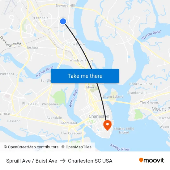 Spruill Ave / Buist Ave to Charleston SC USA map
