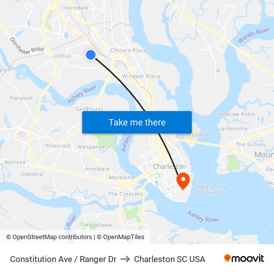 Constitution Ave / Ranger Dr to Charleston SC USA map