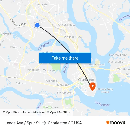 Leeds Ave / Spur St to Charleston SC USA map