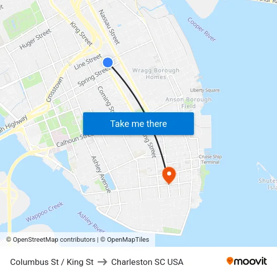 Columbus St / King St to Charleston SC USA map