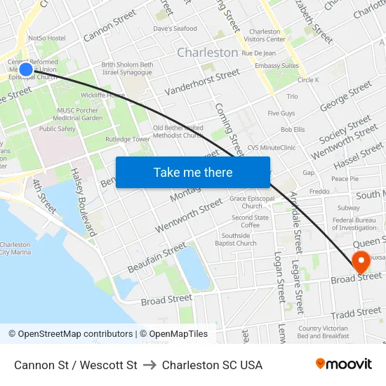 Cannon St / Wescott St to Charleston SC USA map