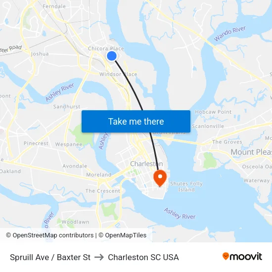 Spruill Ave / Baxter St to Charleston SC USA map
