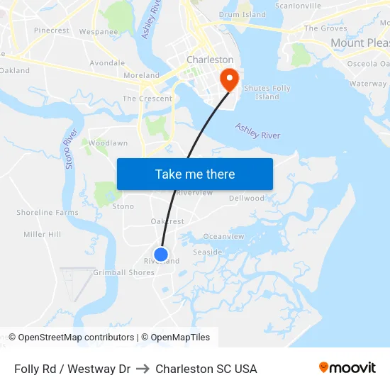 Folly Rd / Westway Dr to Charleston SC USA map
