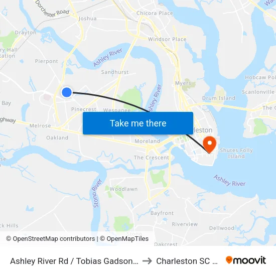 Ashley River Rd / Tobias Gadson Blvd to Charleston SC USA map