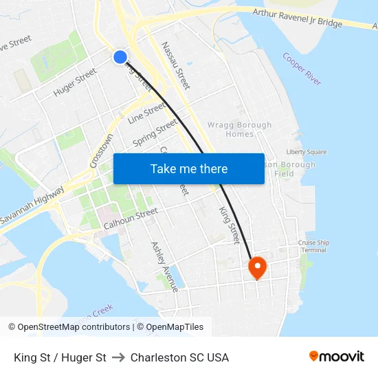 King St / Huger St to Charleston SC USA map