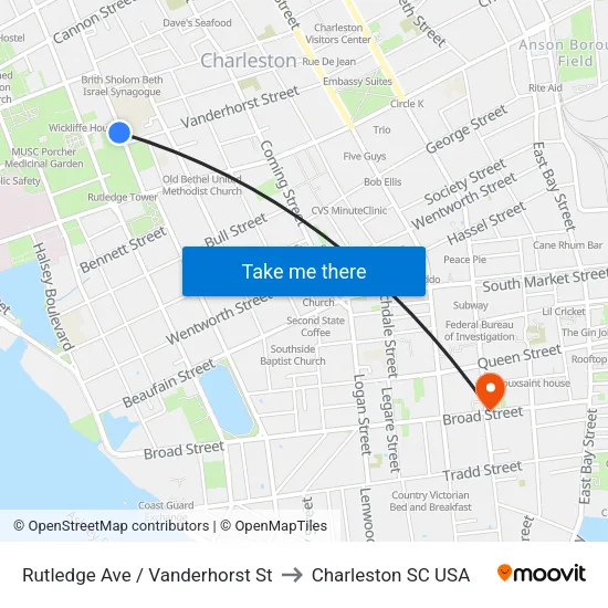 Rutledge Ave / Vanderhorst St to Charleston SC USA map