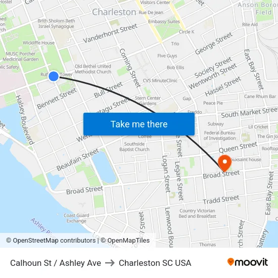 Calhoun St / Ashley Ave to Charleston SC USA map