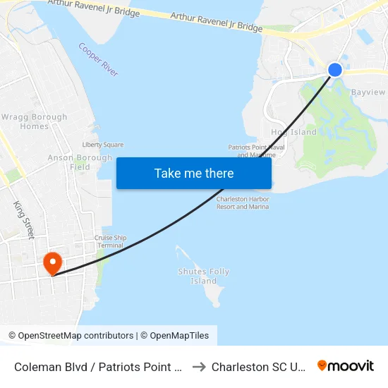 Coleman Blvd / Patriots Point Rd to Charleston SC USA map