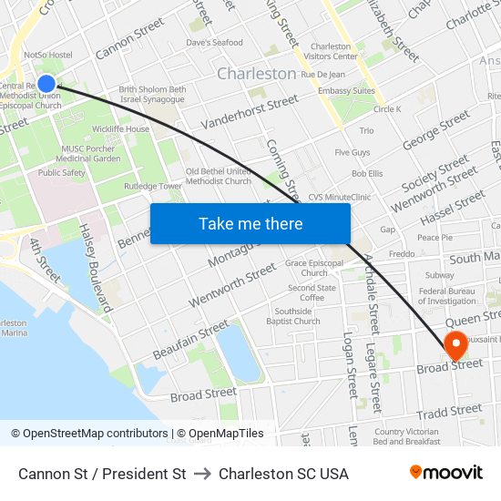 Cannon St / President St to Charleston SC USA map