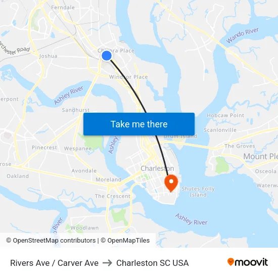Rivers Ave / Carver Ave to Charleston SC USA map