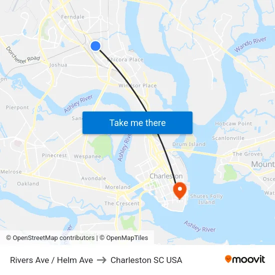 Rivers Ave / Helm Ave to Charleston SC USA map