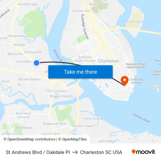 St Andrews Blvd / Oakdale Pl to Charleston SC USA map
