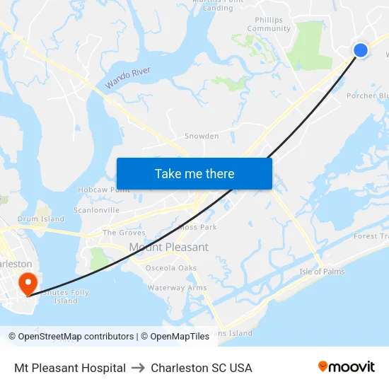 Mt Pleasant Hospital to Charleston SC USA map