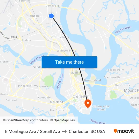 E Montague Ave / Spruill Ave to Charleston SC USA map