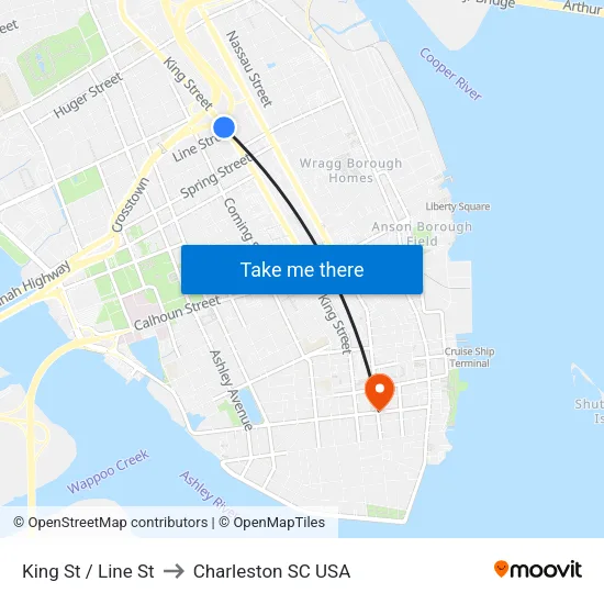 King St / Line St to Charleston SC USA map