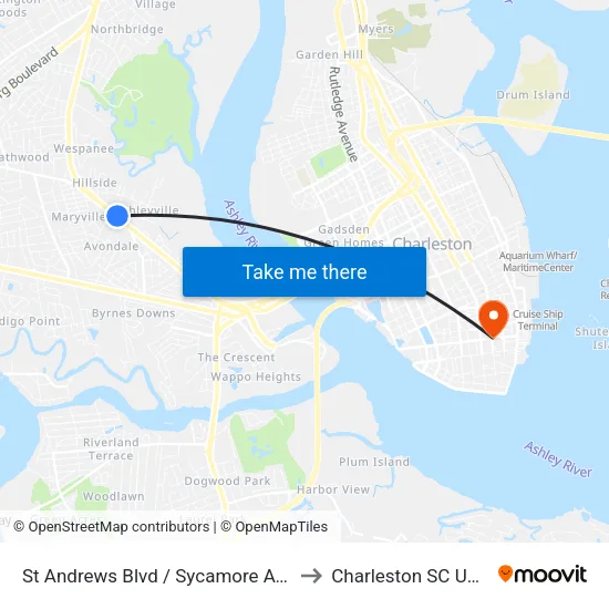 St Andrews Blvd / Sycamore Ave to Charleston SC USA map