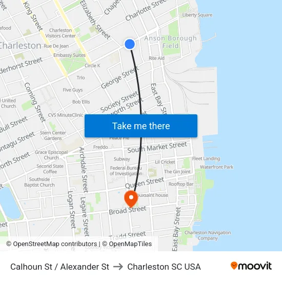 Calhoun St / Alexander St to Charleston SC USA map