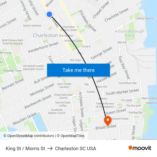 King St / Morris St to Charleston SC USA map
