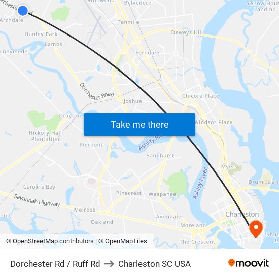 Dorchester Rd / Ruff Rd to Charleston SC USA map