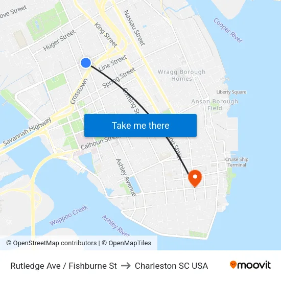 Rutledge Ave / Fishburne St to Charleston SC USA map