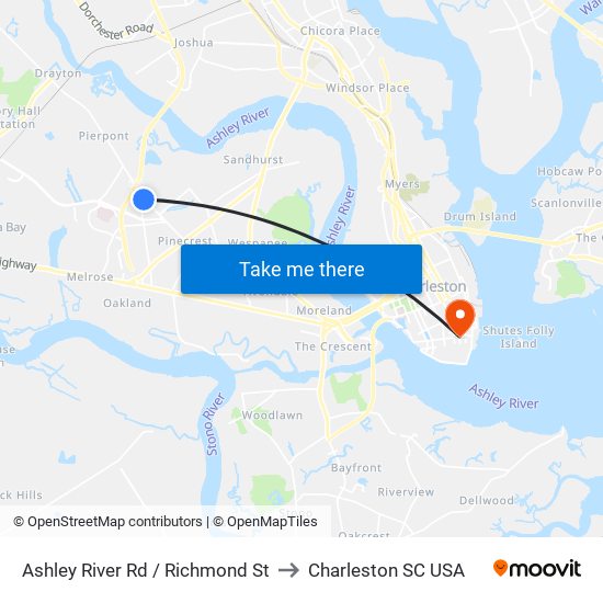 Ashley River Rd / Richmond St to Charleston SC USA map