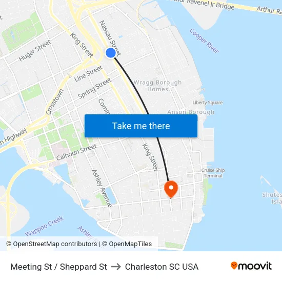 Meeting St / Sheppard St to Charleston SC USA map