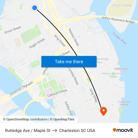 Rutledge Ave / Maple St to Charleston SC USA map