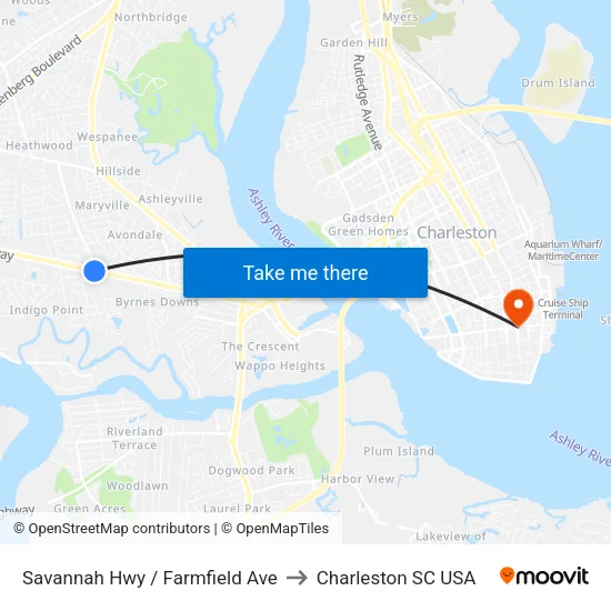 Savannah Hwy / Farmfield Ave to Charleston SC USA map