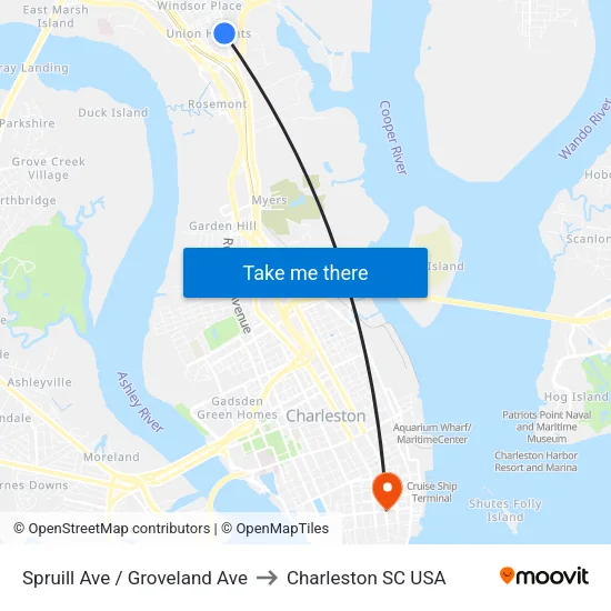 Spruill Ave / Groveland Ave to Charleston SC USA map