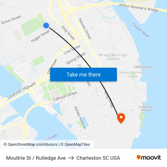 Moultrie St / Rutledge Ave to Charleston SC USA map