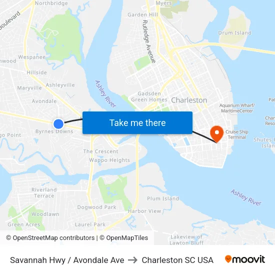 Savannah Hwy / Avondale Ave to Charleston SC USA map