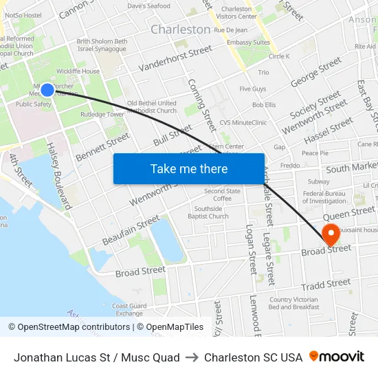 Jonathan Lucas St / Musc Quad to Charleston SC USA map