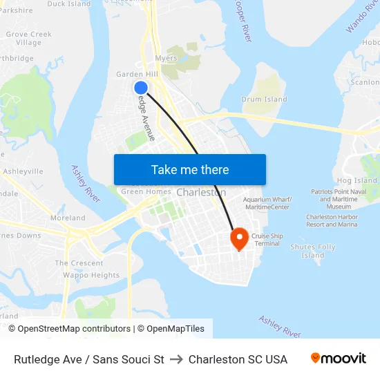 Rutledge Ave / Sans Souci St to Charleston SC USA map