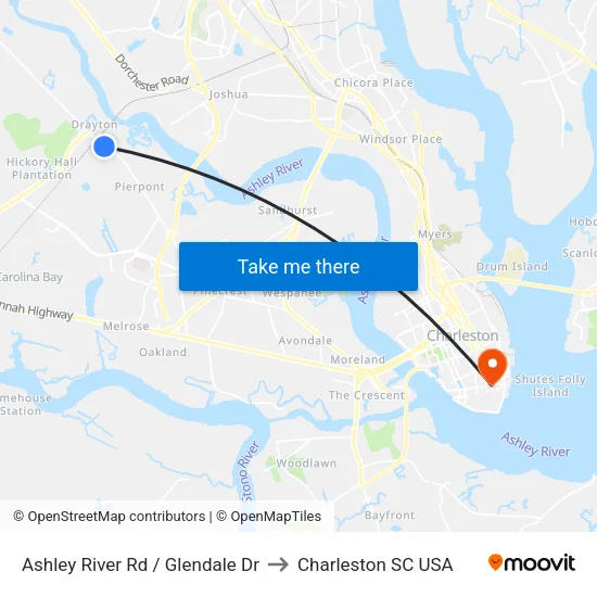Ashley River Rd / Glendale Dr to Charleston SC USA map