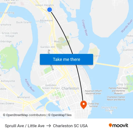 Spruill Ave / Little Ave to Charleston SC USA map