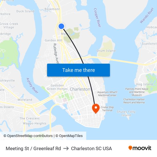 Meeting St / Greenleaf Rd to Charleston SC USA map